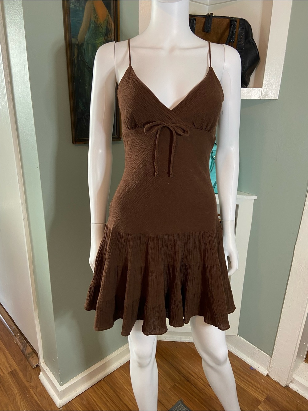 Taboo Vintage Y2K Crinkle Tiered Brown Spaghetti Strap Drop Waist Mini Sun Dress